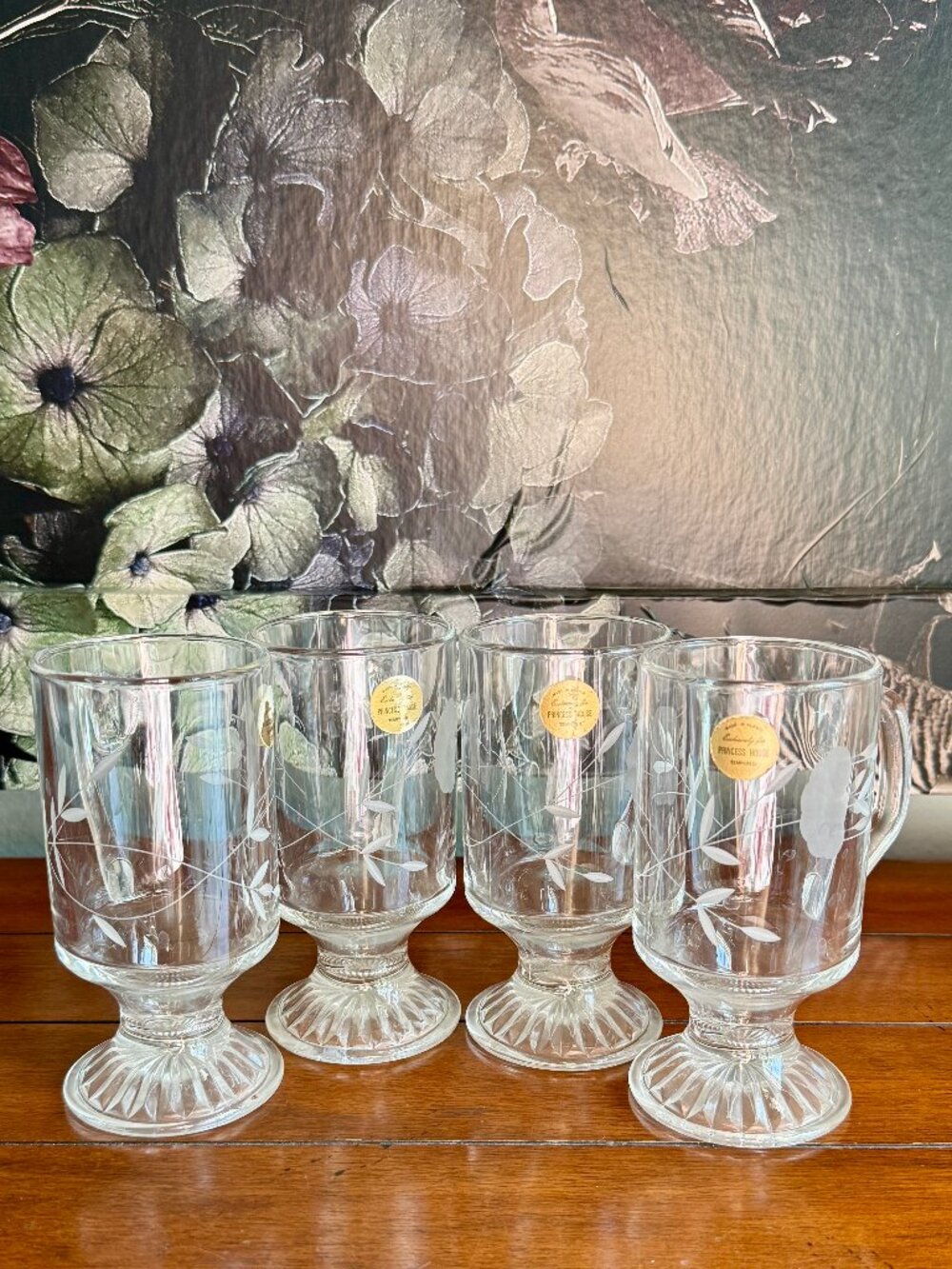 Set of4 Vintage Princess House Clear Etched Glass Footed Irish Coffee Glass Mugs
